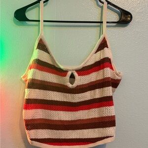 American Eagle Outfitters Striped Knit Spaghetti Strap Tank - Cream, Brown & Red